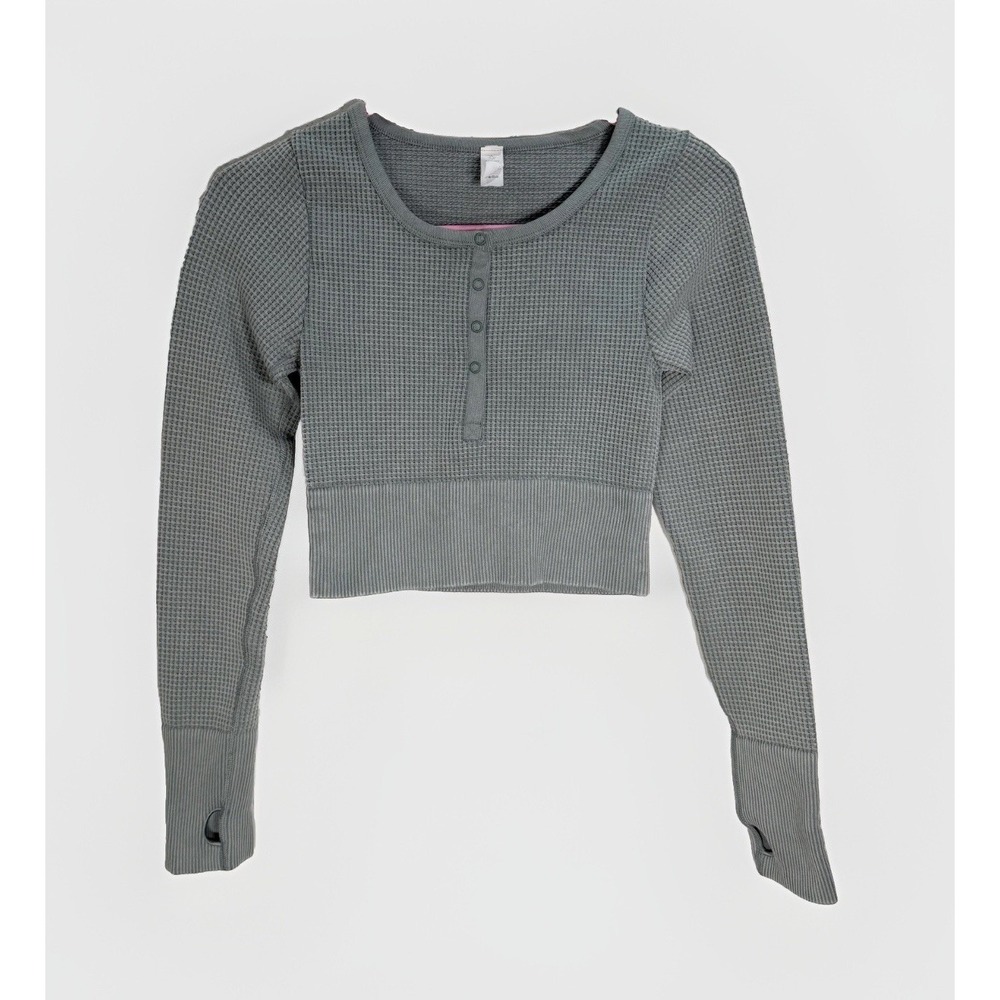 Offline AERIE Waffle Cropped Tee Womens XS Henley Top Long Sleeve Thermal Sage